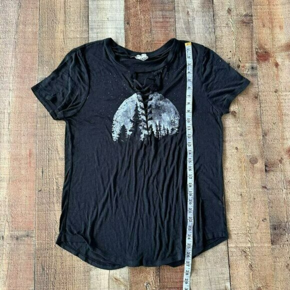 Modish Rebel women's lace up neckline short sleeve moon Graphic T-shirt black - Picture 5 of 7